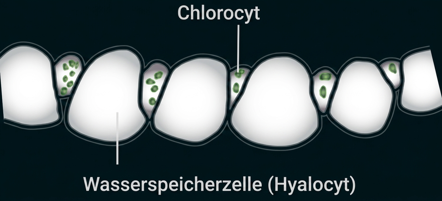 Schematische Darstellung einer Zellreihe mit Chlorocyten und Wasserspeicherzellen (Hyalocyten).
